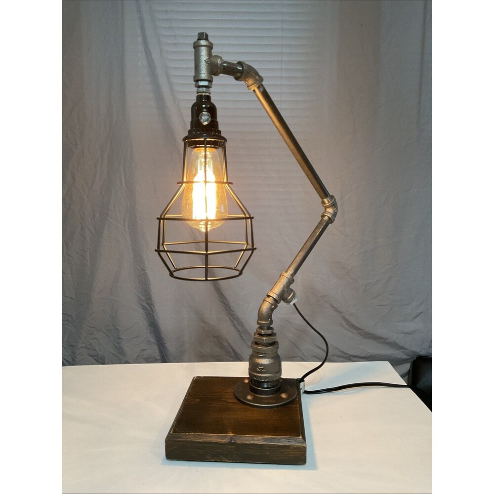 Handmade ABCD Custom Vintage Industrial Cast Iron Pipe Lamp Light W/ Cage Shade